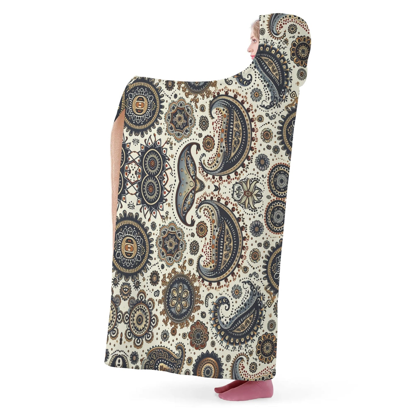 Paisley Circles White Hooded Blanket - Micro Fleece Lining Cosy Sherpa Blanket