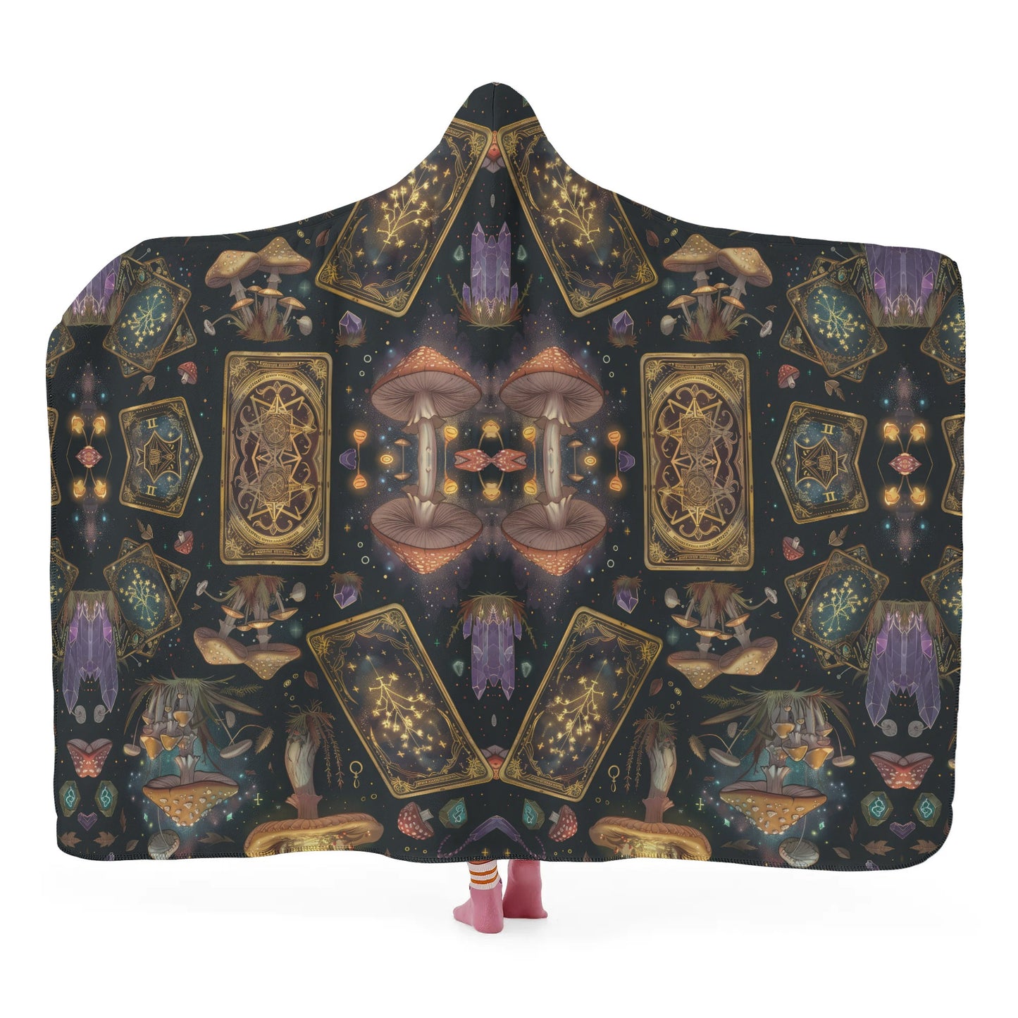Witchy Mushroom Tarot Cards Hooded Blanket - Micro Fleece Lining Cosy Sherpa Blanket