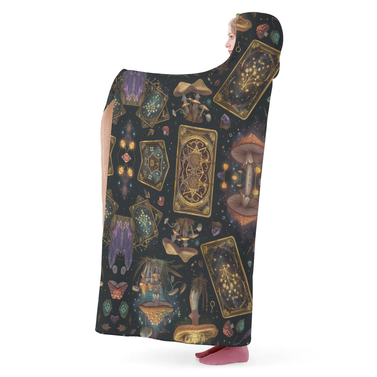 Witchy Mushroom Tarot Cards Hooded Blanket - Micro Fleece Lining Cosy Sherpa Blanket