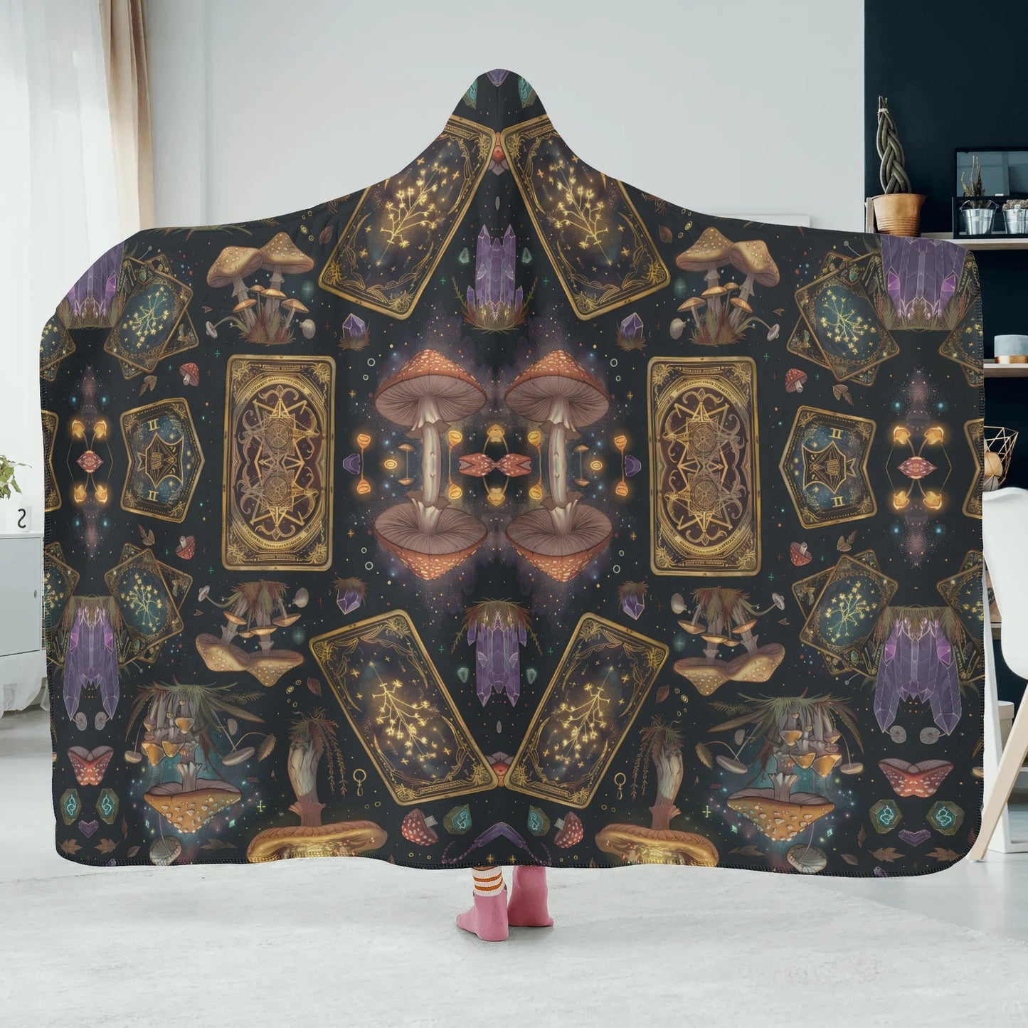 Witchy Mushroom Tarot Cards Hooded Blanket - Micro Fleece Lining Cosy Sherpa Blanket