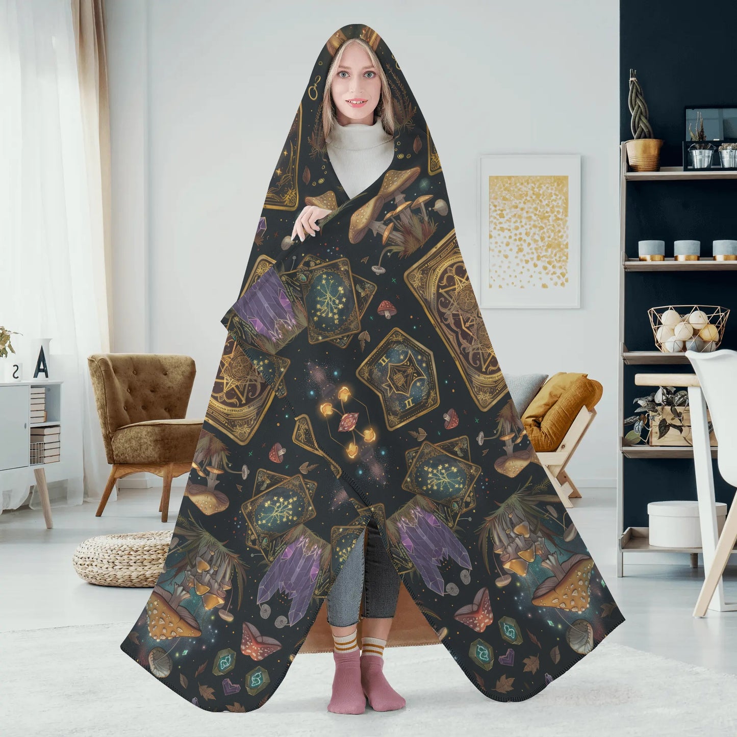 Witchy Mushroom Tarot Cards Hooded Blanket - Micro Fleece Lining Cosy Sherpa Blanket