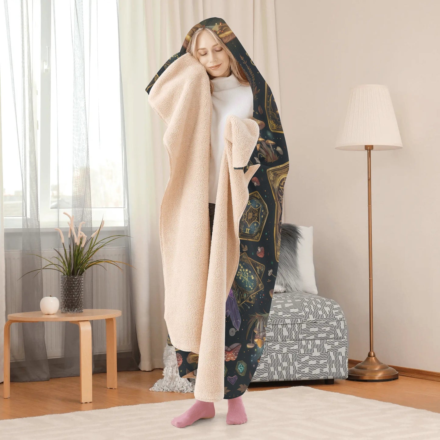 Witchy Mushroom Tarot Cards Hooded Blanket - Micro Fleece Lining Cosy Sherpa Blanket