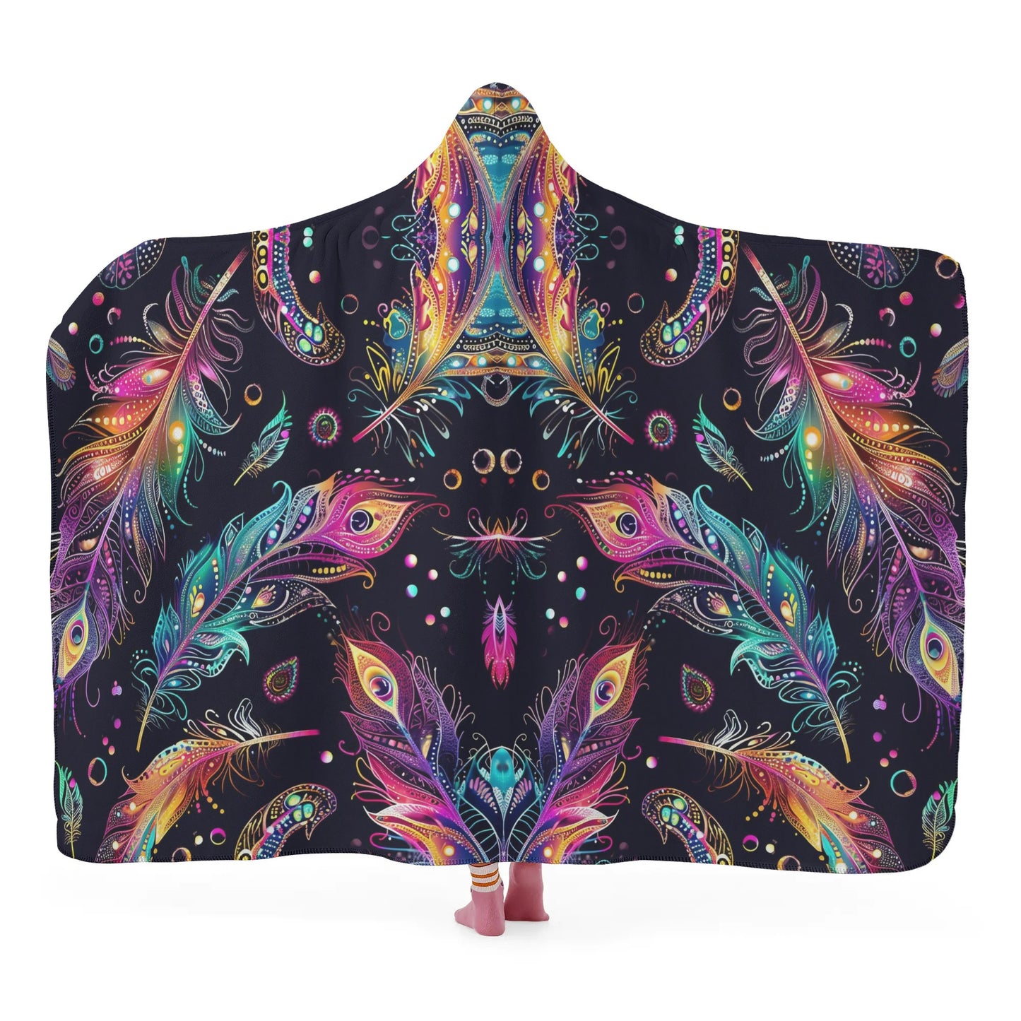 Mystical Bright Feathers Hooded Blanket - Micro Fleece Lining Cosy Sherpa Blanket