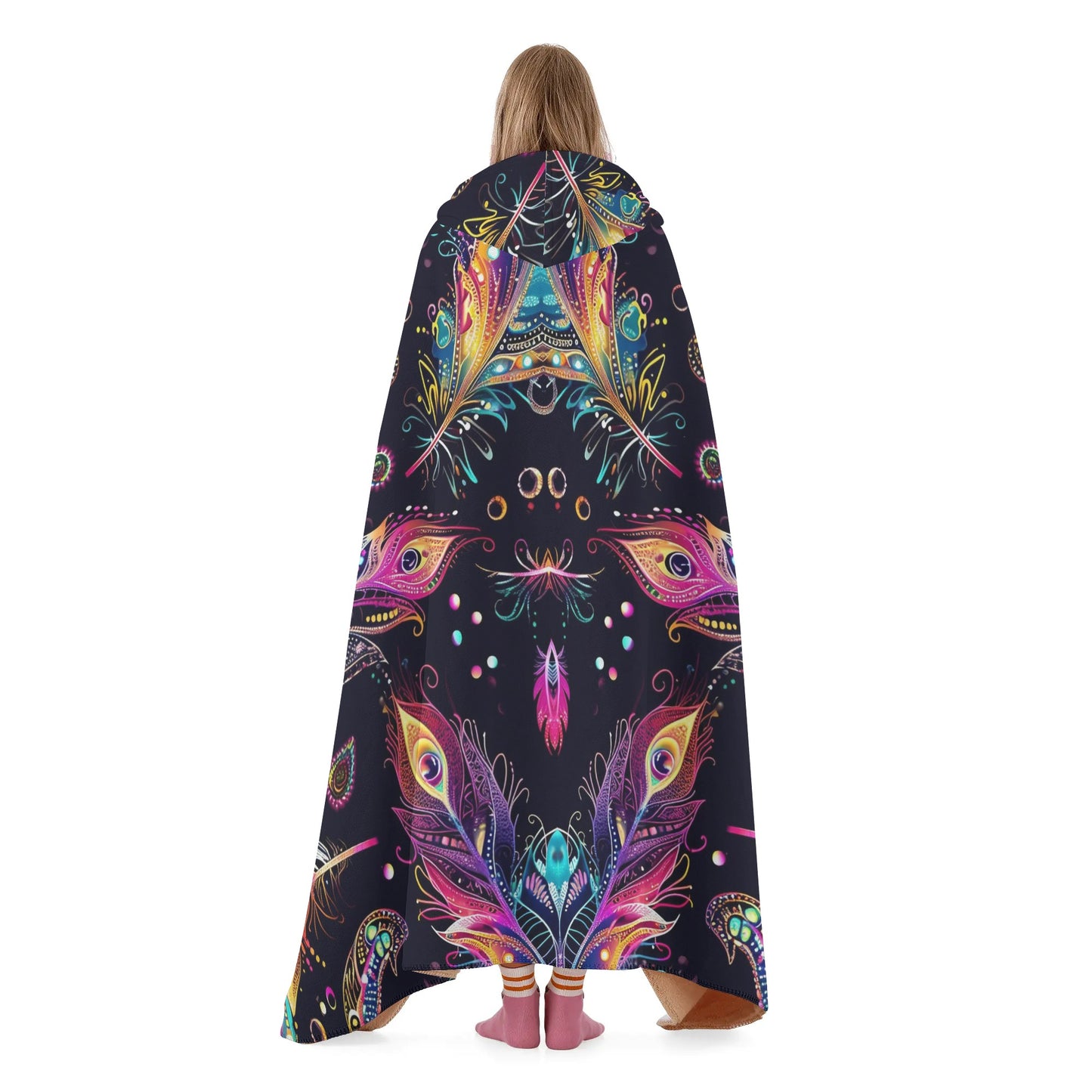 Mystical Bright Feathers Hooded Blanket - Micro Fleece Lining Cosy Sherpa Blanket