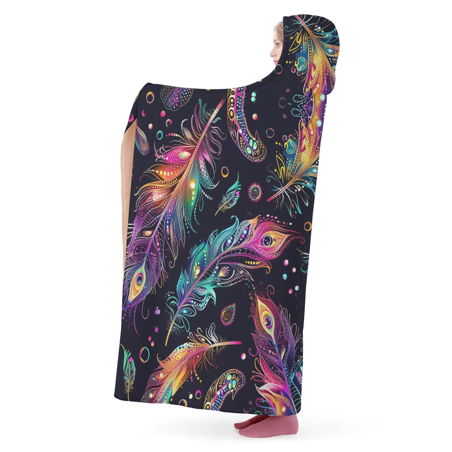 Mystical Bright Feathers Hooded Blanket - Micro Fleece Lining Cosy Sherpa Blanket
