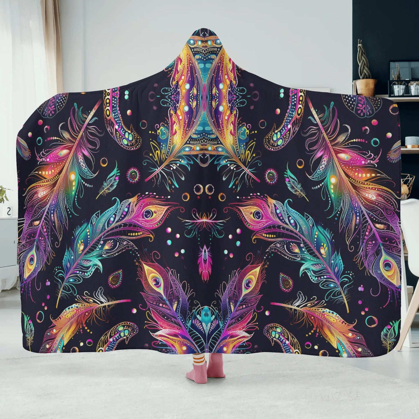 Mystical Bright Feathers Hooded Blanket - Micro Fleece Lining Cosy Sherpa Blanket