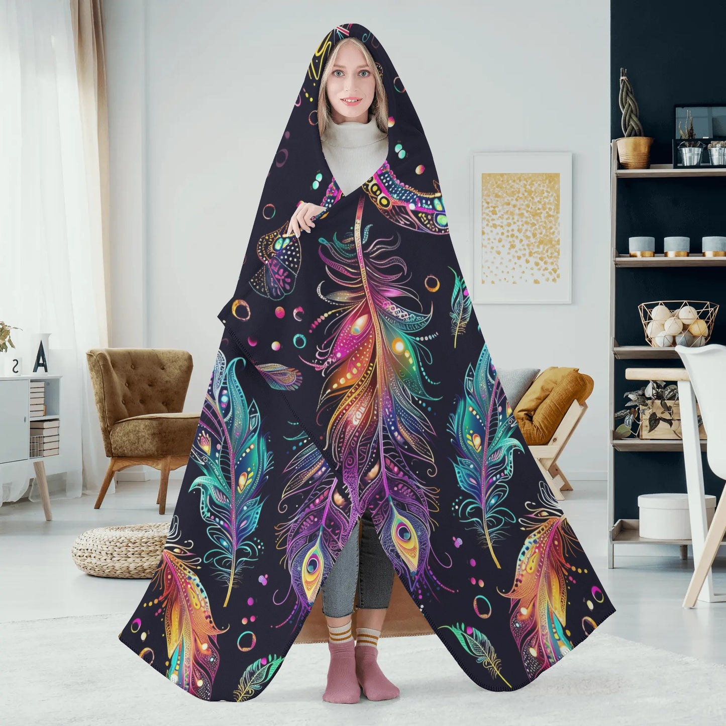 Mystical Bright Feathers Hooded Blanket - Micro Fleece Lining Cosy Sherpa Blanket