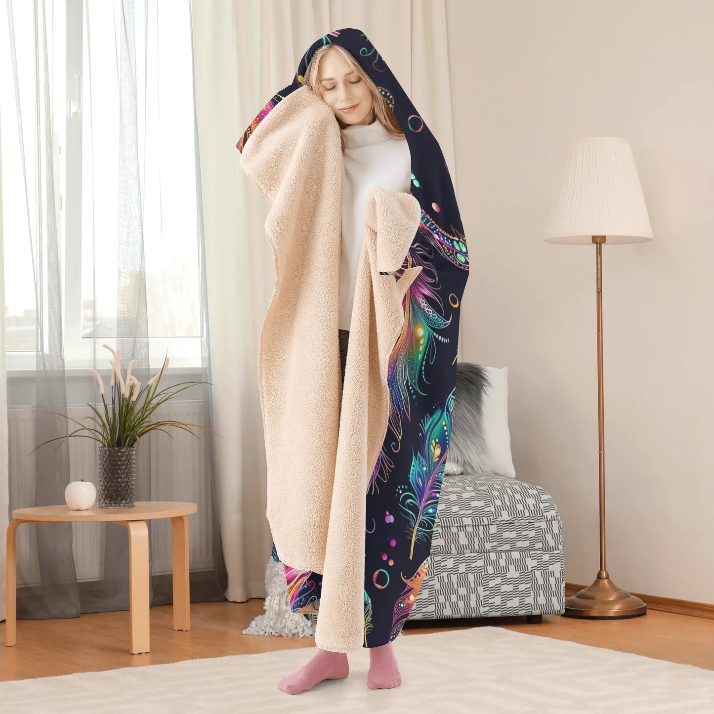 Mystical Bright Feathers Hooded Blanket - Micro Fleece Lining Cosy Sherpa Blanket