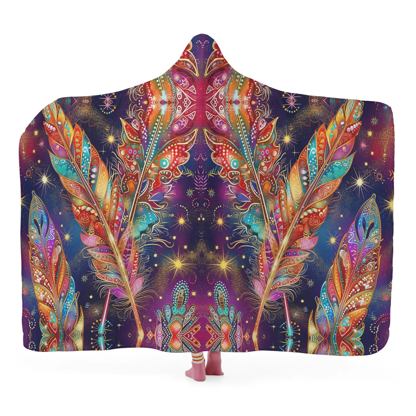 Mystical Vibe Feathers Hooded Blanket - Micro Fleece Lining Cosy Sherpa Blanket