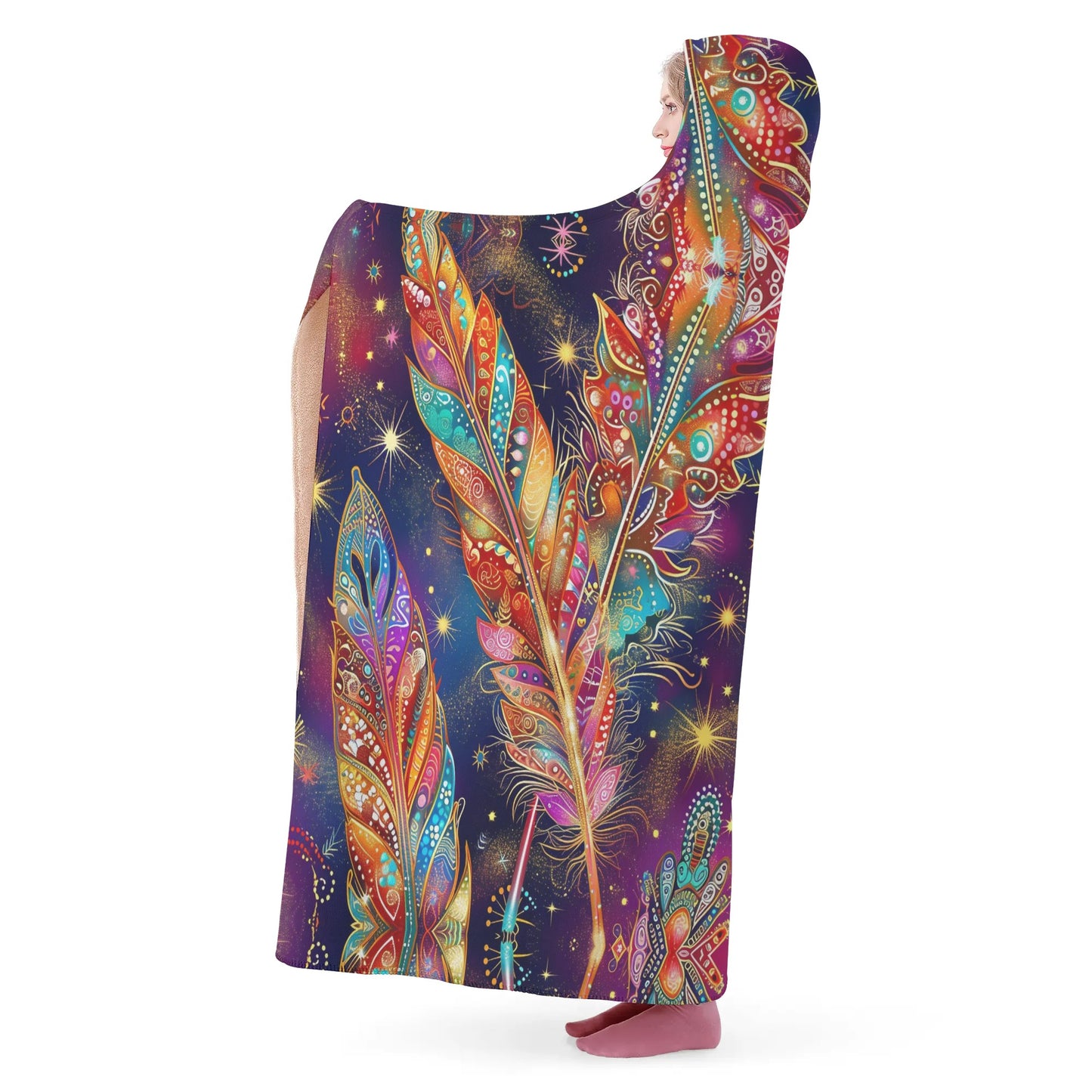 Mystical Vibe Feathers Hooded Blanket - Micro Fleece Lining Cosy Sherpa Blanket