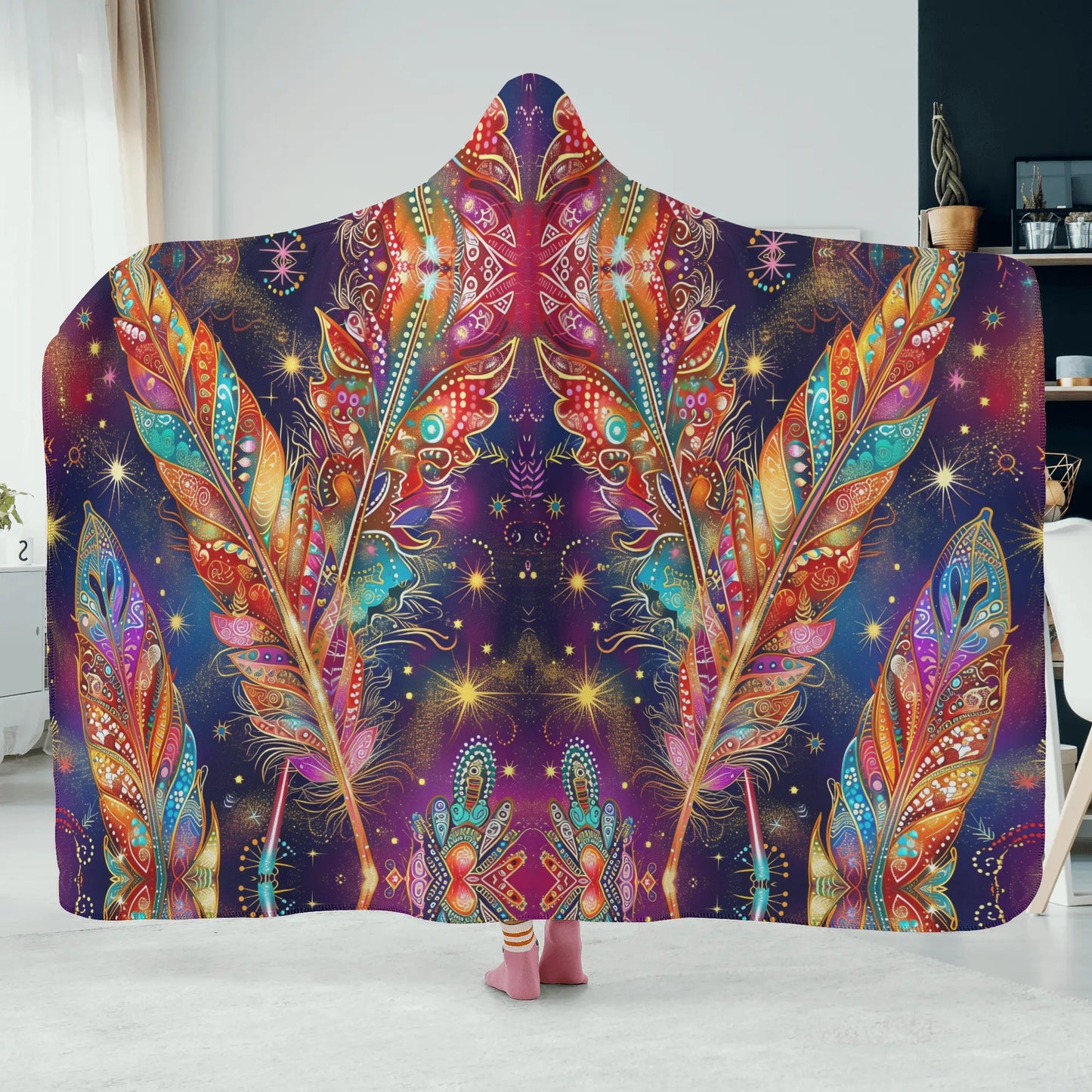 Mystical Vibe Feathers Hooded Blanket - Micro Fleece Lining Cosy Sherpa Blanket
