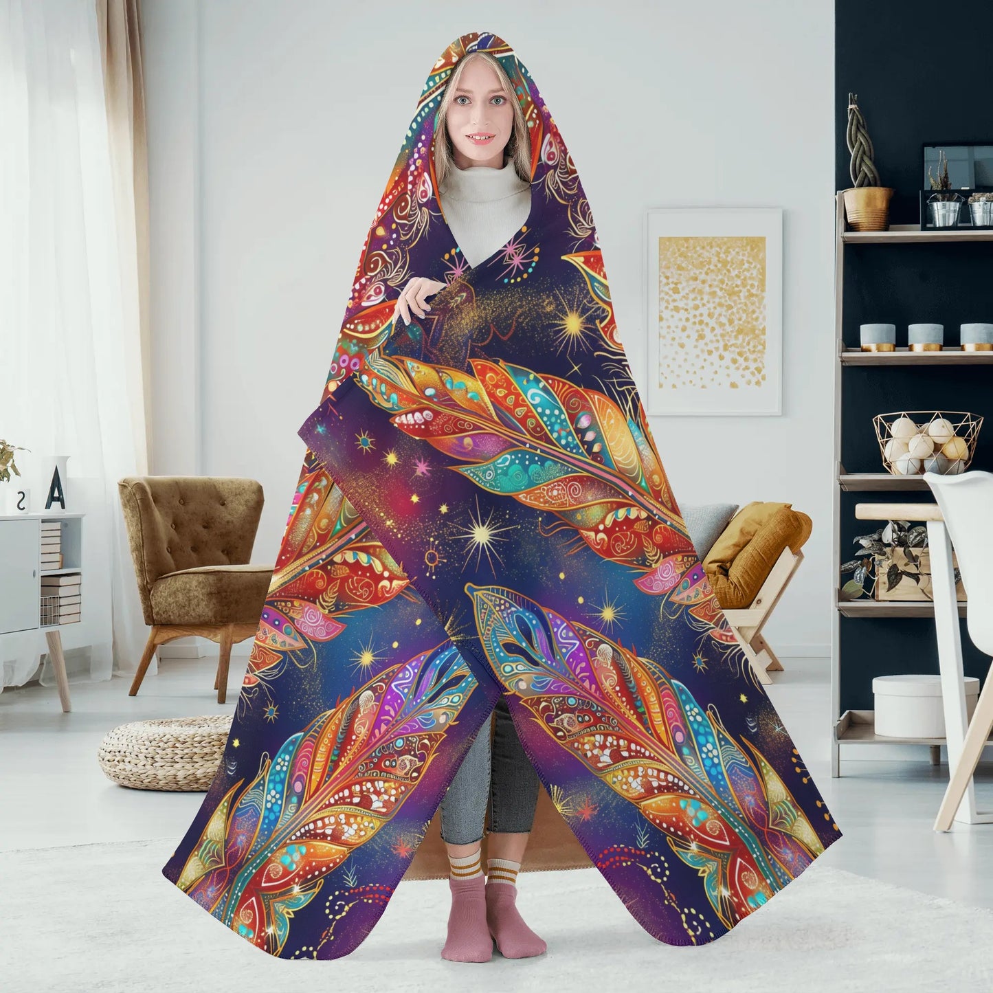 Mystical Vibe Feathers Hooded Blanket - Micro Fleece Lining Cosy Sherpa Blanket