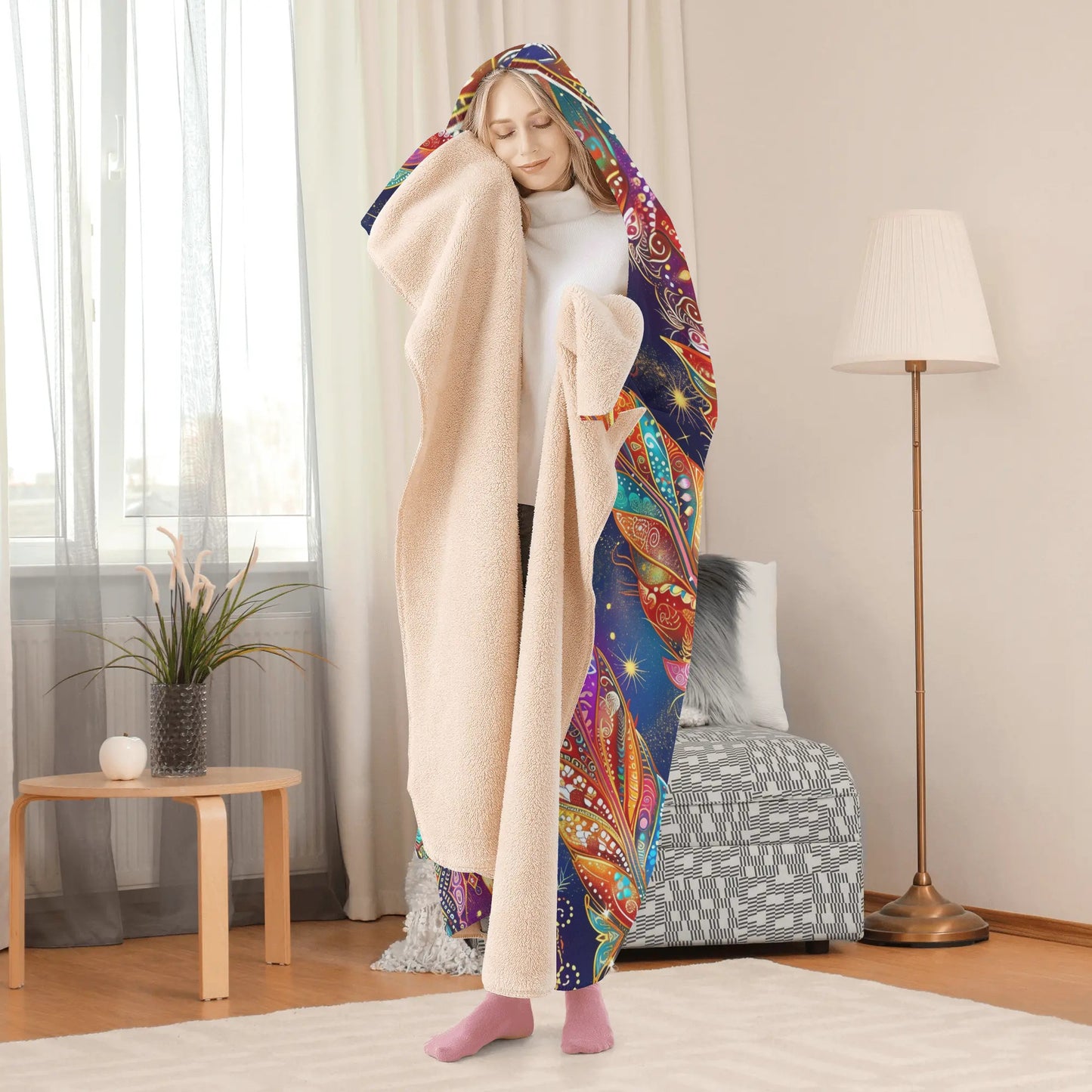 Mystical Vibe Feathers Hooded Blanket - Micro Fleece Lining Cosy Sherpa Blanket