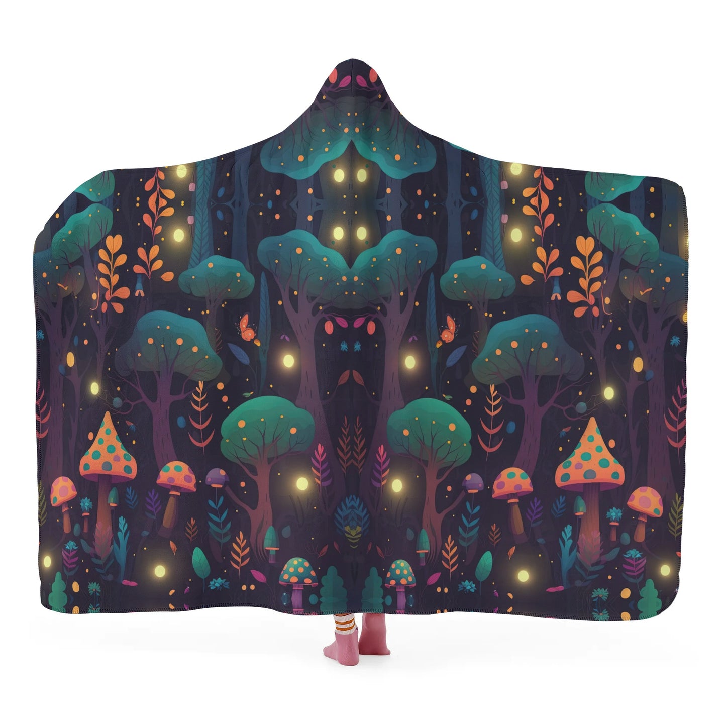 Whimsical Mushroom Forest Hooded Blanket - Micro Fleece Lining Cosy Sherpa Blanket