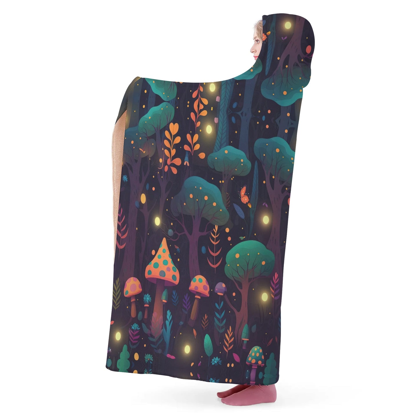 Whimsical Mushroom Forest Hooded Blanket - Micro Fleece Lining Cosy Sherpa Blanket