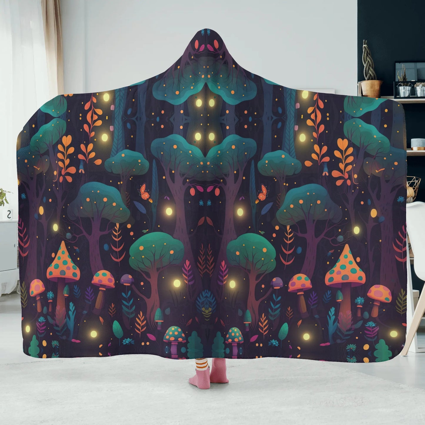 Whimsical Mushroom Forest Hooded Blanket - Micro Fleece Lining Cosy Sherpa Blanket