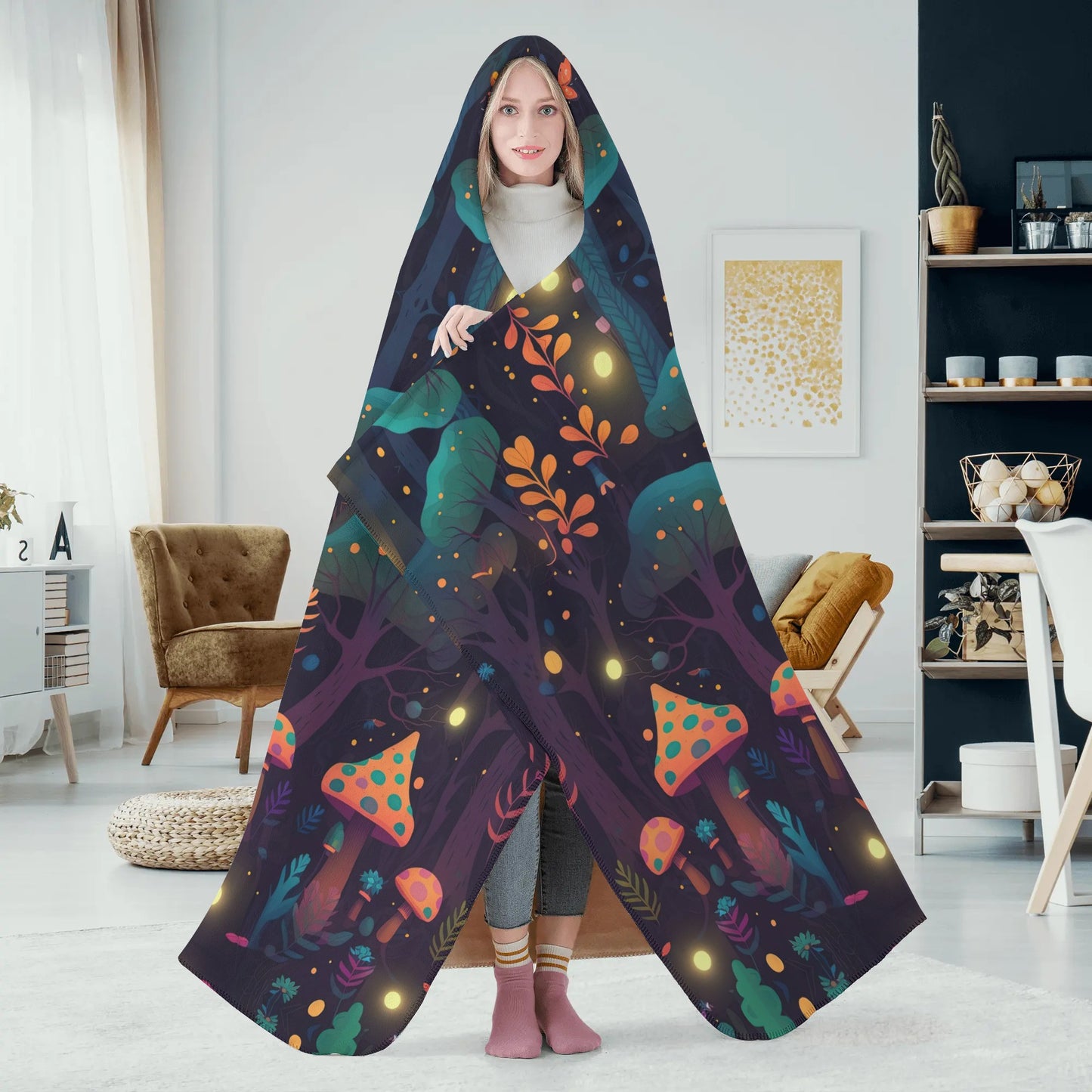 Whimsical Mushroom Forest Hooded Blanket - Micro Fleece Lining Cosy Sherpa Blanket
