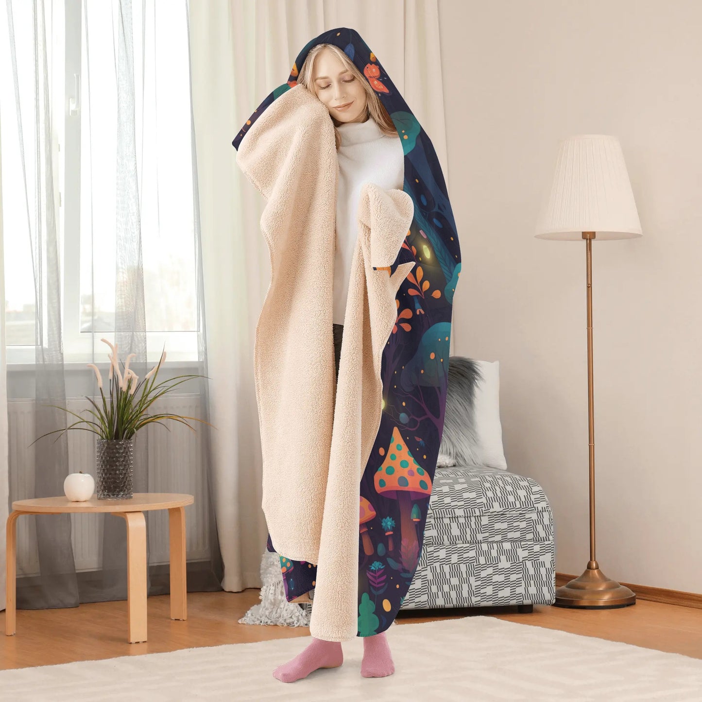 Whimsical Mushroom Forest Hooded Blanket - Micro Fleece Lining Cosy Sherpa Blanket