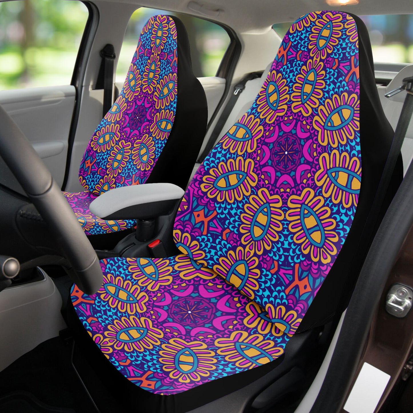 Purple Yellow Mandala Car Seat Covers - Front Seat Cover or Full Set Front and Back Seat Cover Universal Fit