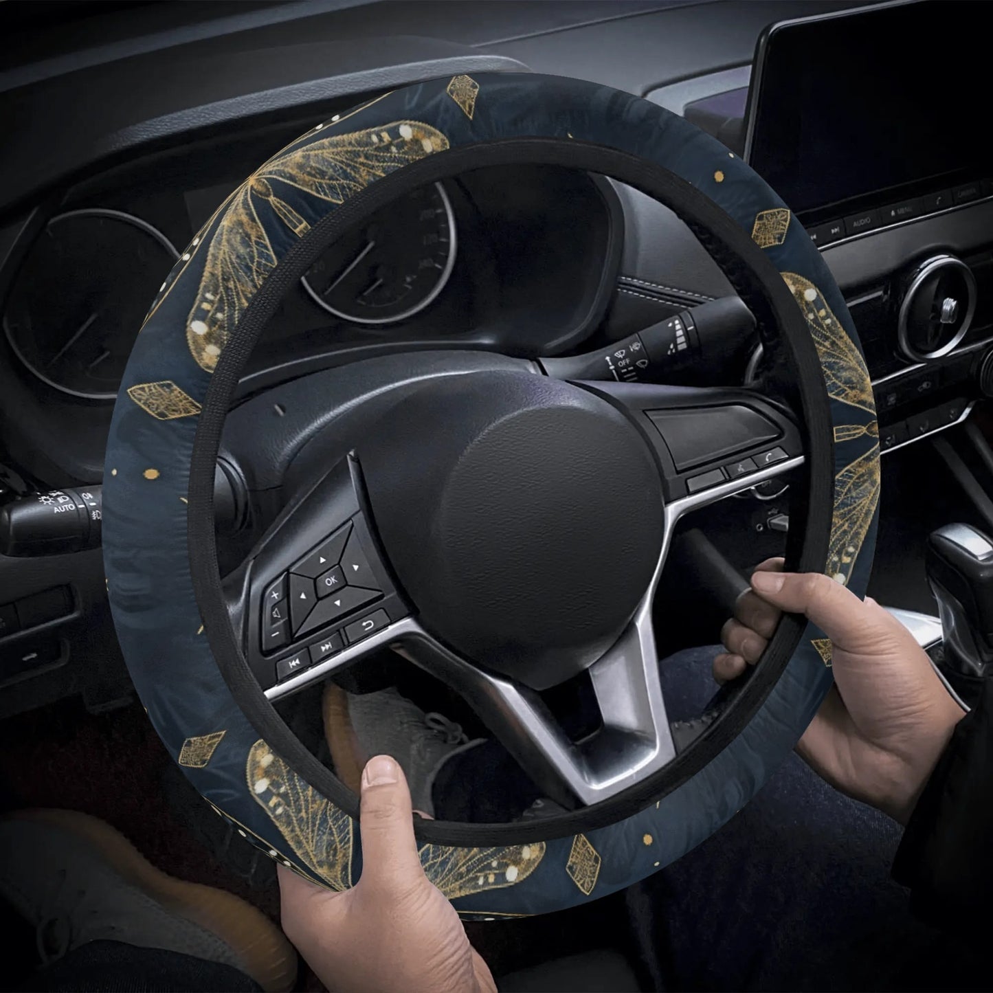 Blue Gold Dragonfly Car Steering Wheel Cover