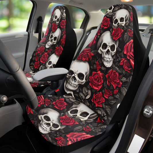 Skull & Red Roses Car Seat Covers - Front Seat Cover or Full Set Front and Back Seat Cover Universal Fit