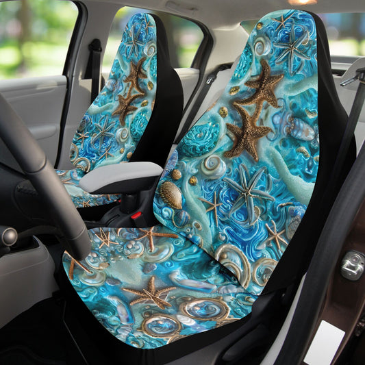 Blue Sea Shells Car Seat Cover - Front Seat Cover or Full Set Front and Back Seat Cover Universal Fit